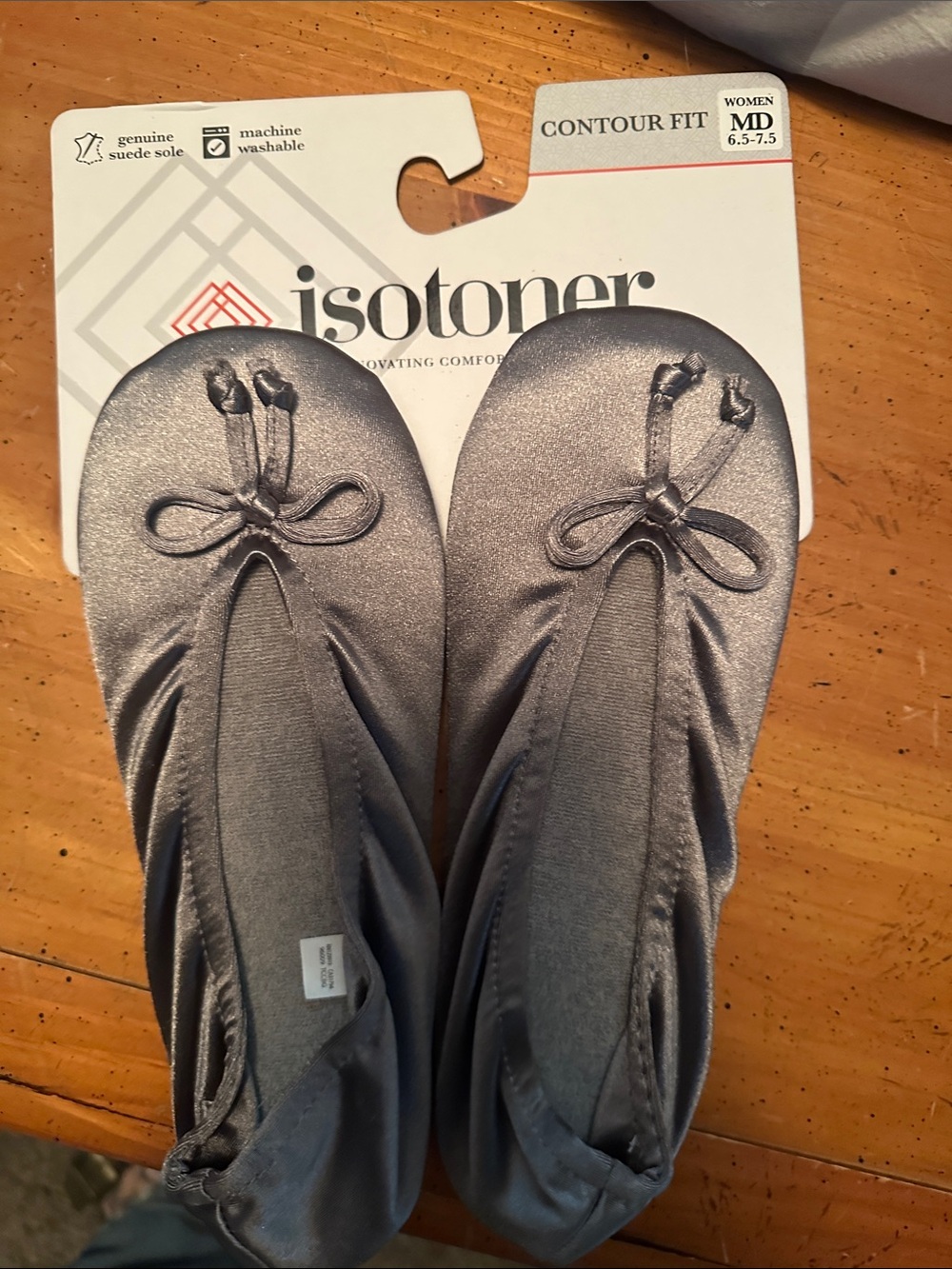 isotoner Silver Satin Ballet Slippers with Bow Accent